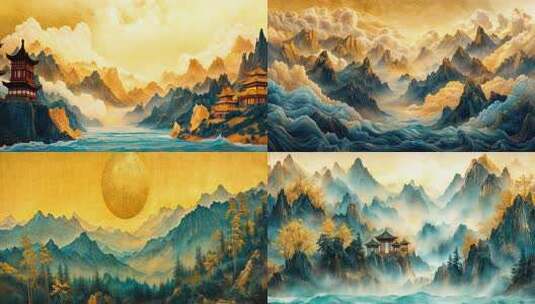 4K中国山水画 鎏金山水背景 古风背景高清在线视频素材下载