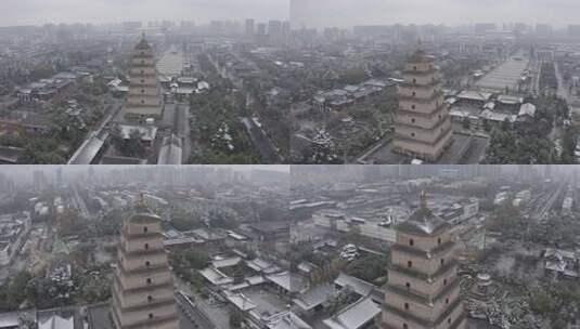 雪中的西安大雁塔雪景高清在线视频素材下载