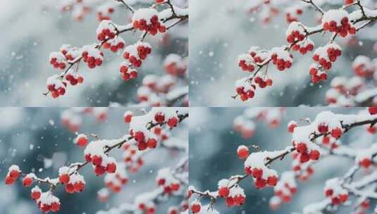 覆雪红色果实特写高清在线视频素材下载