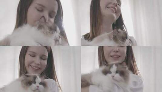 西方女人抱猫转圈地产广告饲养宠物拥抱可爱高清在线视频素材下载