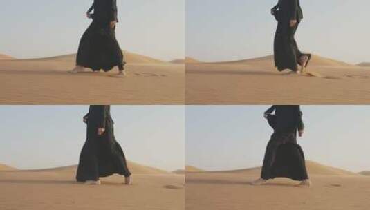 穆斯林女人赤脚在沙漠中行走高清在线视频素材下载