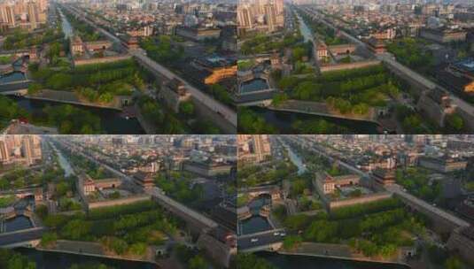 陕西西安城墙护城河全景航拍高清在线视频素材下载