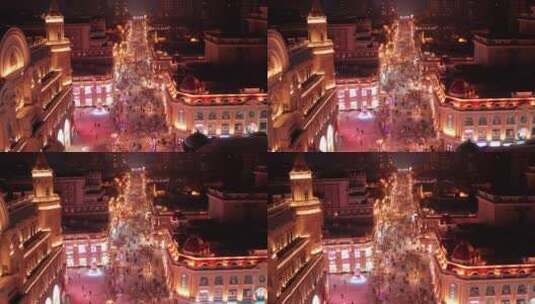 哈尔滨中央大街夜景航拍高清在线视频素材下载