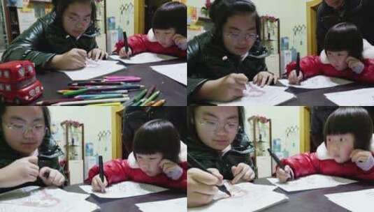 4K家庭画画的两个小孩女孩高清在线视频素材下载