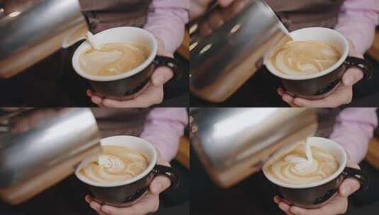 咖啡师将热牛奶倒入杯中高清在线视频素材下载