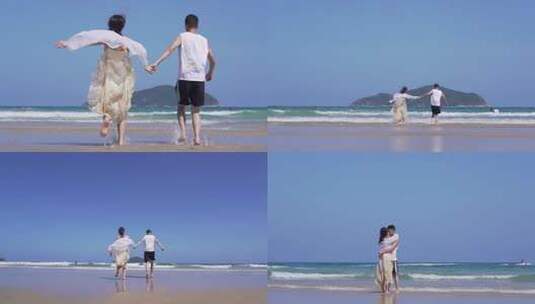 情侣向海边跑去嬉戏亲吻高清在线视频素材下载