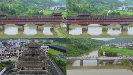 福建省龙岩市连城永隆廊桥古建筑群航拍合集高清在线视频素材下载