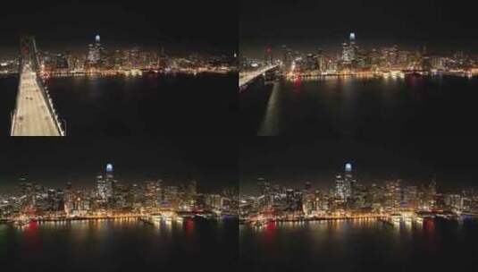 城市航拍加州旧金山奥克兰海湾大桥夜景灯光高清在线视频素材下载