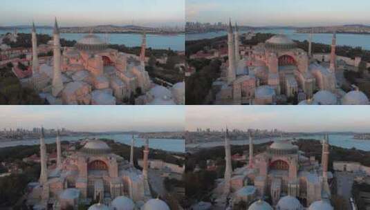 圣索菲亚圣大清真寺（Ayasofya Camii），背景是博斯普鲁斯海峡和城市天际线高清在线视频素材下载