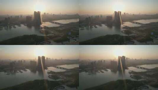夕阳晚霞中的日照城市风光航拍高清在线视频素材下载