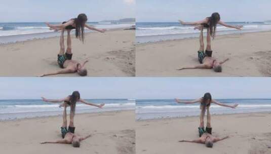 在海滩上做瑜伽的情侣高清在线视频素材下载