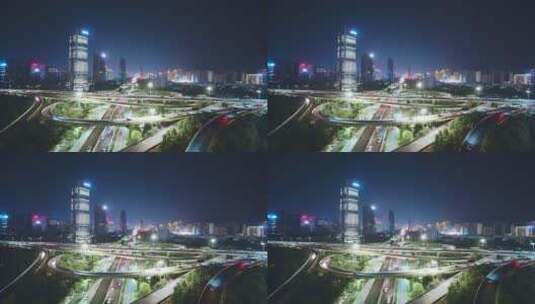 俯拍夜晚杭州滨江时代大道高架中兴立交夜景高清在线视频素材下载