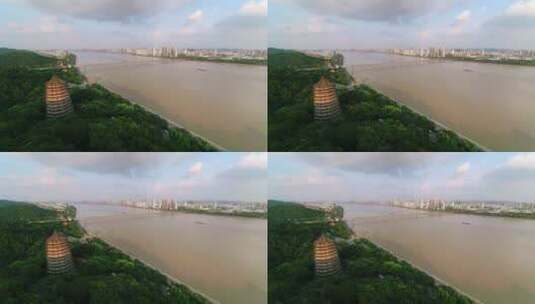 航拍杭州著名景点六和塔和钱塘江大桥高清在线视频素材下载