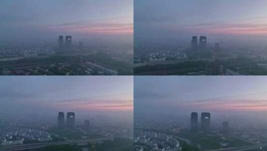 上海闵行梅陇镇朝霞平流雾绝美天航拍4K高清在线视频素材下载