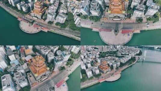 航拍柳州西来寺与柳江滨水建筑群高清在线视频素材下载