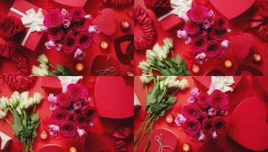 情人节浪漫玫瑰花，红色背景上的情人节礼盒高清在线视频素材下载