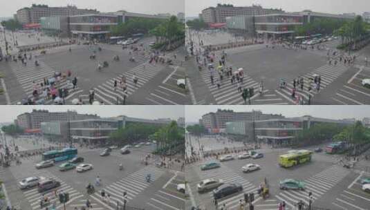 杭州西湖龙翔桥十字交叉路口人流车流高清在线视频素材下载