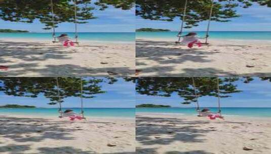 泰国晴朗天空下的海滩上，一名女子在碧水边高清在线视频素材下载