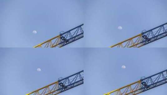月亮和工业起重机塔吊延时摄影视频高清在线视频素材下载