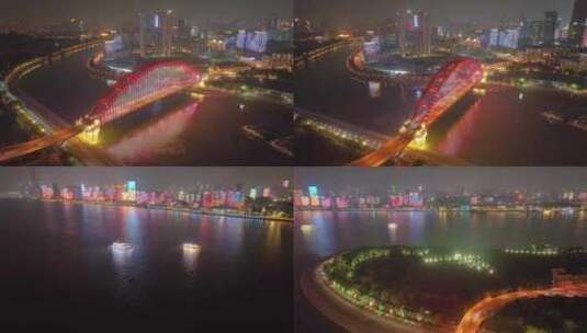 湖北武汉汉江晴川桥南岸嘴江滩公园航拍夜晚高清在线视频素材下载