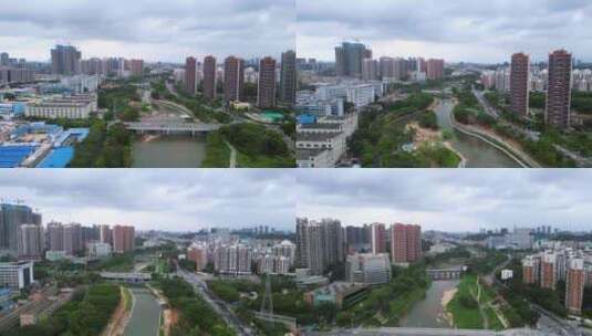 航拍深圳龙华观澜河畔风景高清在线视频素材下载