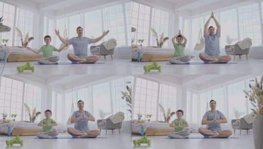 男人和儿子坐在家里的垫子上做瑜伽高清在线视频素材下载