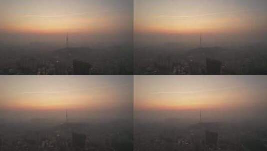 广东阳江城市清晨日出彩霞迷雾航拍高清在线视频素材下载