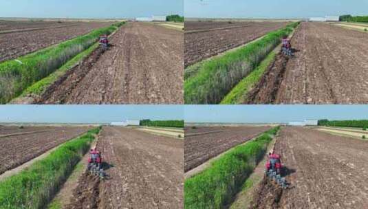 航拍农村农场夏耕农业机械翻整土地高清在线视频素材下载