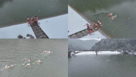 雨中多人在户外水域游泳的俯拍画面高清在线视频素材下载