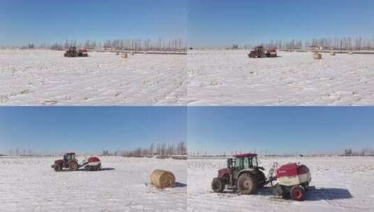 雪地里的打捆机航拍高清在线视频素材下载