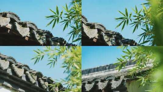 古建筑屋檐与竹叶特写高清在线视频素材下载