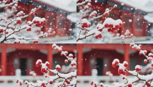 雪中红果与古建筑景观高清在线视频素材下载
