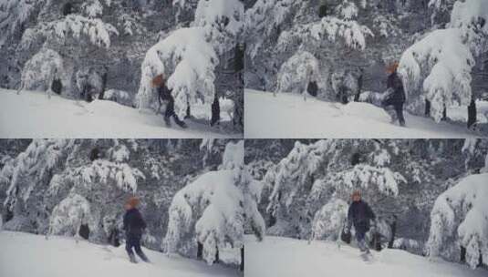 男孩在下雪的天气里穿过森林高清在线视频素材下载