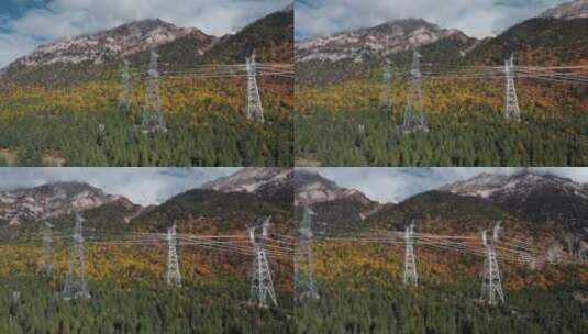 国家电网视频跨越秋季金色高山的电线电塔高清在线视频素材下载