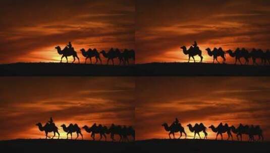 沙漠日落驼队高清在线视频素材下载