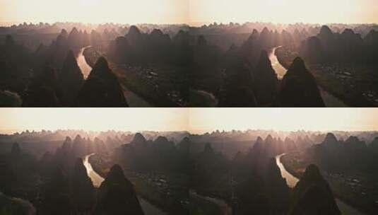桂林喀斯特地貌群山日落丁达尔效应高清在线视频素材下载