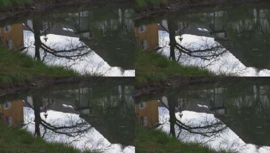池塘中的村庄倒影高清在线视频素材下载