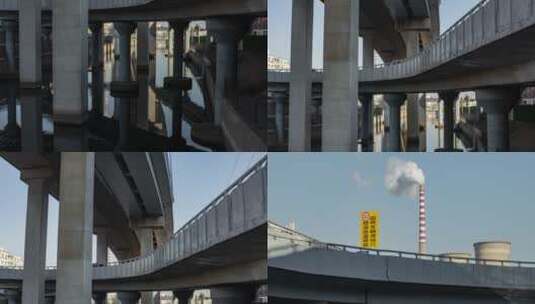 3k分辨率高架桥水渠城市车流热电厂烟囱高清在线视频素材下载