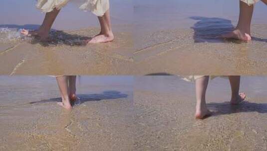 人物海边脚踩水花慢镜头特写高清在线视频素材下载