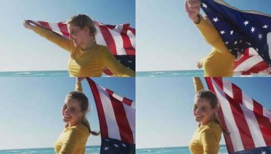 海滩上举着美国国旗的女人高清在线视频素材下载