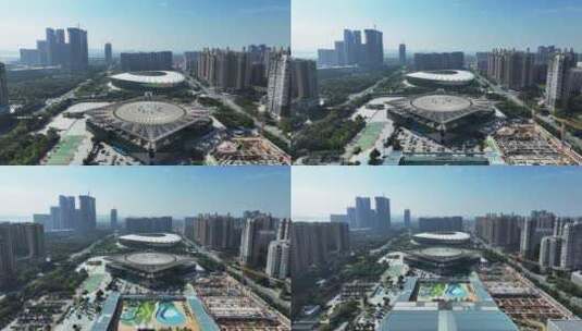 航拍深圳宝安区体育馆和体育场高清在线视频素材下载