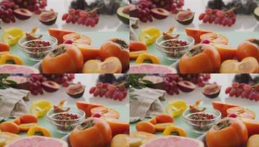 彩虹色新鲜有机水果和蔬菜品种高清在线视频素材下载