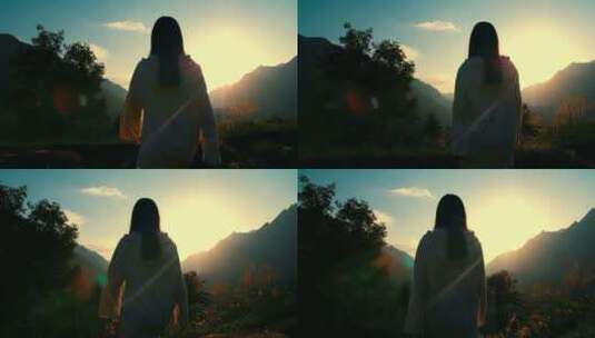 日落黄昏、山间女孩背影高清在线视频素材下载