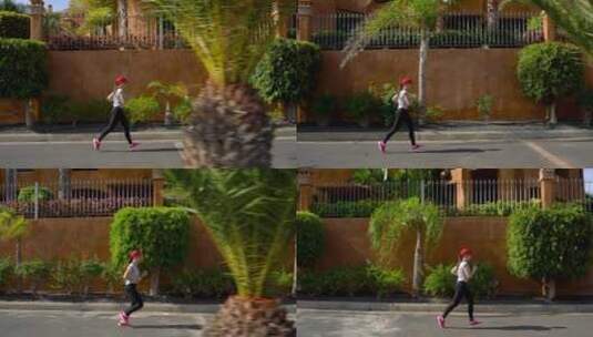 女人沿着街道奔跑高清在线视频素材下载