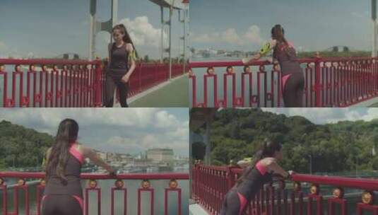 运动女性在桥上慢跑和做俯卧撑高清在线视频素材下载