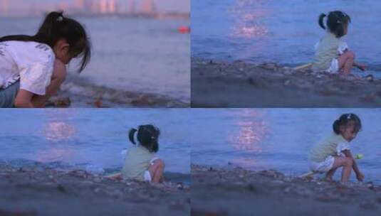 武汉武昌江滩傍晚夕阳余晖下小女孩玩水组镜高清在线视频素材下载
