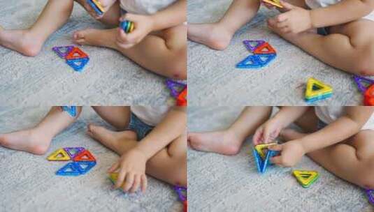 小女孩在家玩彩色磁铁塑料块套件高清在线视频素材下载