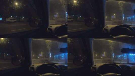 从汽车内部看深夜城市的街道与路灯高清在线视频素材下载