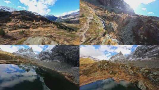 FPV航拍雪山森林高山河流湖泊蓝天白云山脉高清在线视频素材下载
