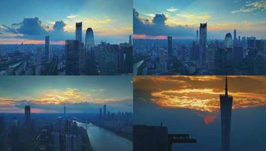 广州新CBD琶洲日落城市夜景航拍高清4K视频高清在线视频素材下载